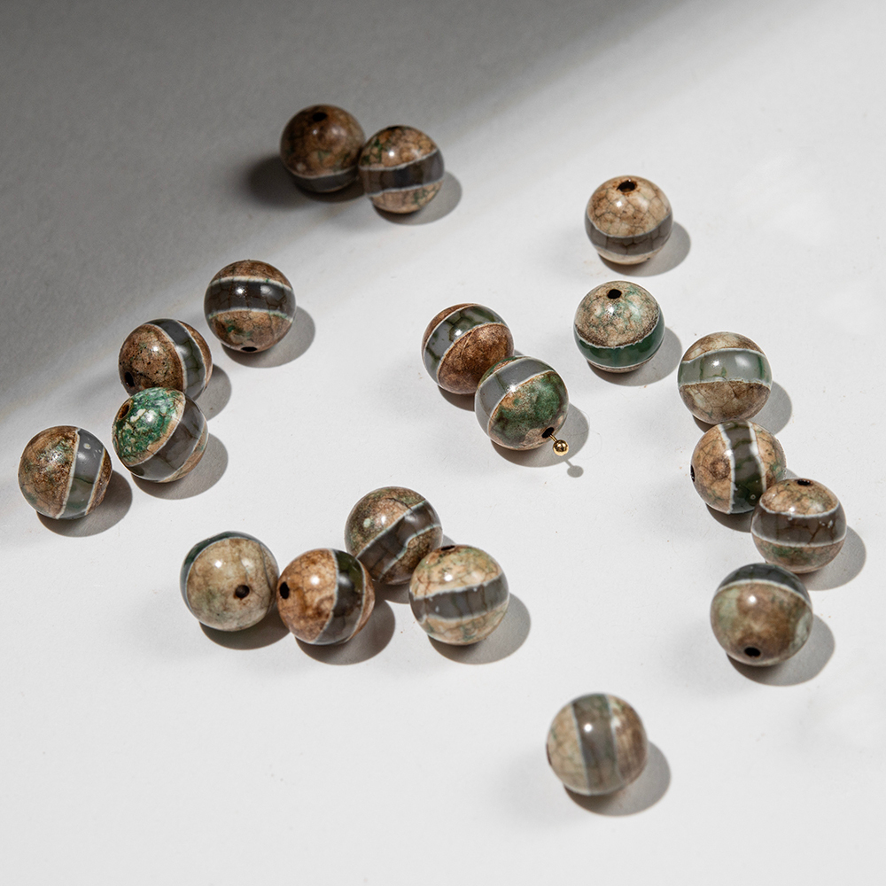 Бусина Дзи "Полосы" из агата, 10мм, бежево-зеленый