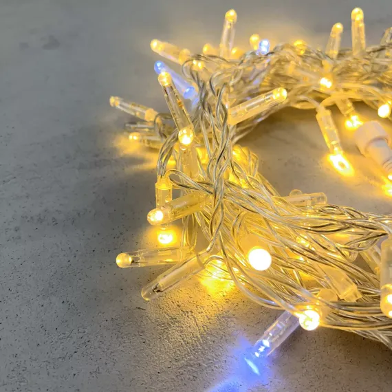 Светодиодная гирлянда с колпачком 100 теплых белых LED ламп 10 м., мерцание, 220-230 В., прозрачный провод ПВХ, IP65, LTC (PST100BLWCAP-10-2WW)