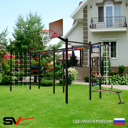 Уличная шведская стенка Sv Sport рукоход х 2 с комплектом турник прямой 2шт У51266К (Турник/Брусья/Стойка/Скамья/Щит баскет/Канат/кольца/лестница/Сетка)