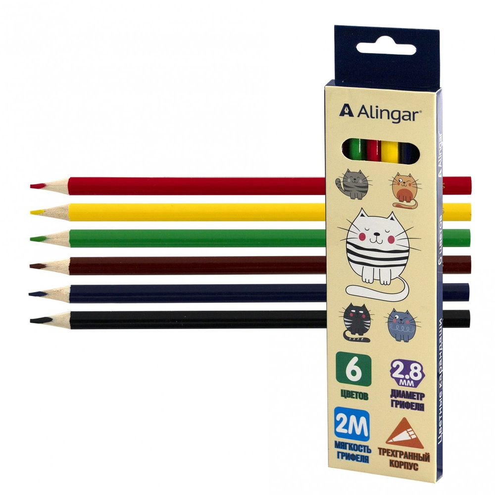 Карандаши цветные Alingar 6 цв., "Котята" деревянные, трехгранные, заточенные, грифель 2.8 мм, картон. уп., европодвес