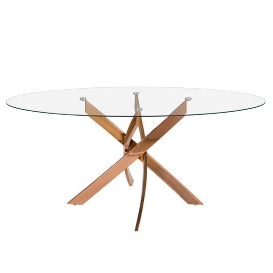 Овальный обеденный стол 1169-Ø200x95 из закаленного стекла и розовой стали