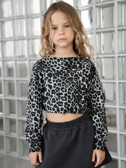 Лонгслив для девочки укороченный, леопард