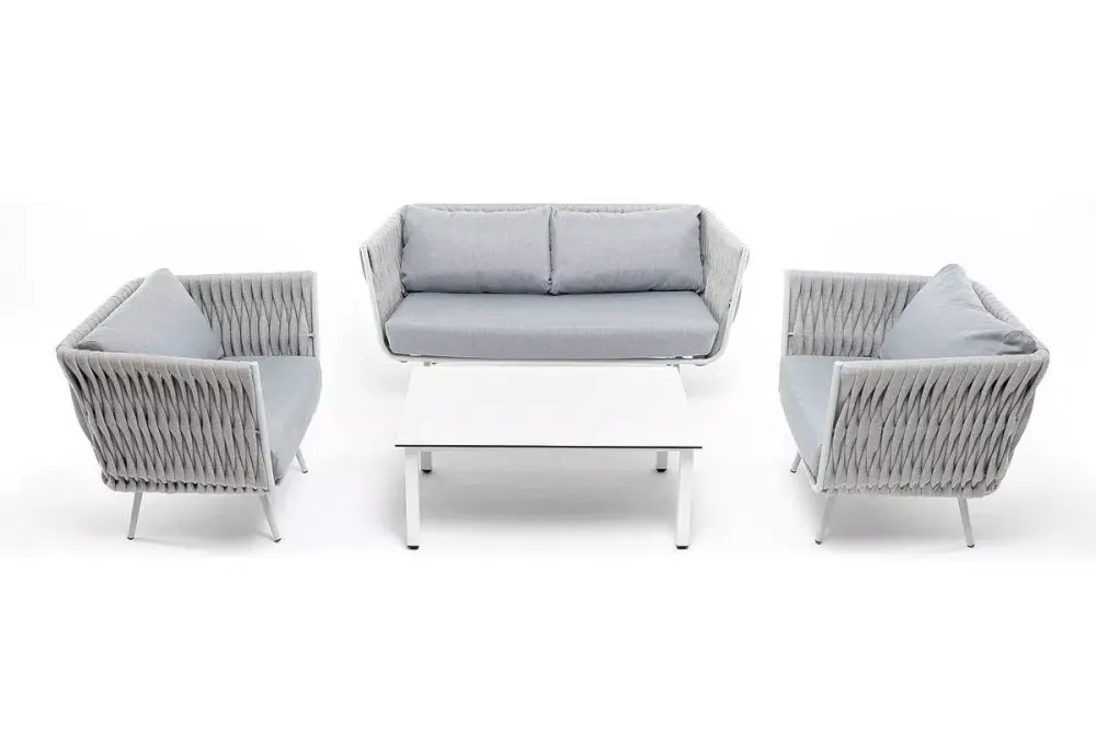 "Монако" лаунж-зона 4-местная из роупа со столом "Верона" (серый гранит), каркас светло-серый, роуп светло-серый