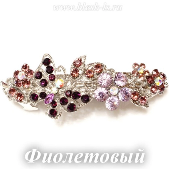 Заколка с замком на серебристой основе "Бабочка на цветах", Фиолетовый