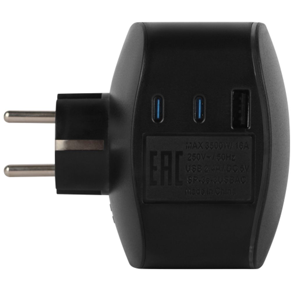 Разветвитель электрический ЭРА SP-3e-3USBAC-B на 3 розетки + 3 USB A+C с заземлением со шторками 16А черный | Тройники