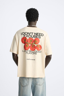 ZARA ФУТБОЛКА С КОНТРАСТНЫМ ПРИНТОМ, БЕЖЕВЫЙ