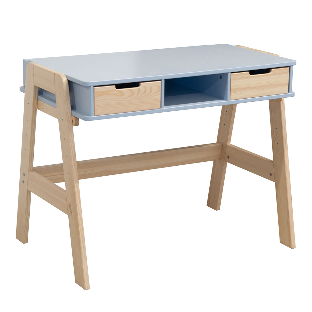 Стол письменный 94х64х75, Чек, школьный, компьютерный для школьника, парта многоуровневая с 2 ящиками на ножках из массива сосны, МДФ синий, Dipriz