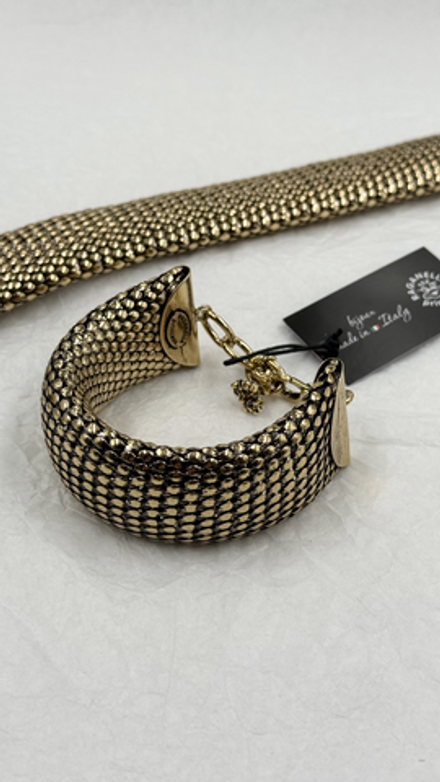 Браслет широкая плоская цепь "змея" в винтажном стиле, оттенок золото антик
