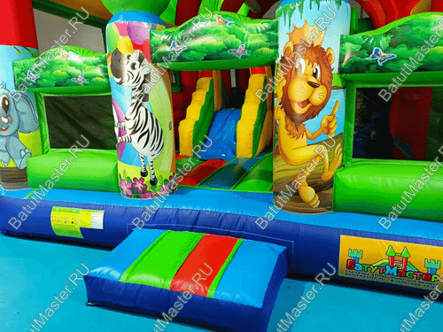 Надувной батут "Страна Сафария" с крышей и высокими горками,зеленый, 11*6*6