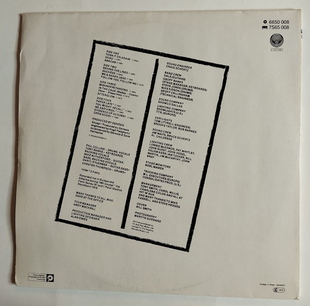 Винтажная виниловая пластинка LP Genesis Three Sides Live (Germany 1982)