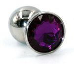 Серебристая средняя анальная пробка с фиолетовым кристаллом - 8 см. (Цвет: фиолетовый)
