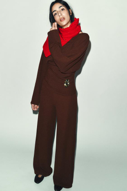 ZARA ШИРОКИЕ ФАКТУРНЫЕ БРЮКИ, КОРИЧНЕВЫЙ