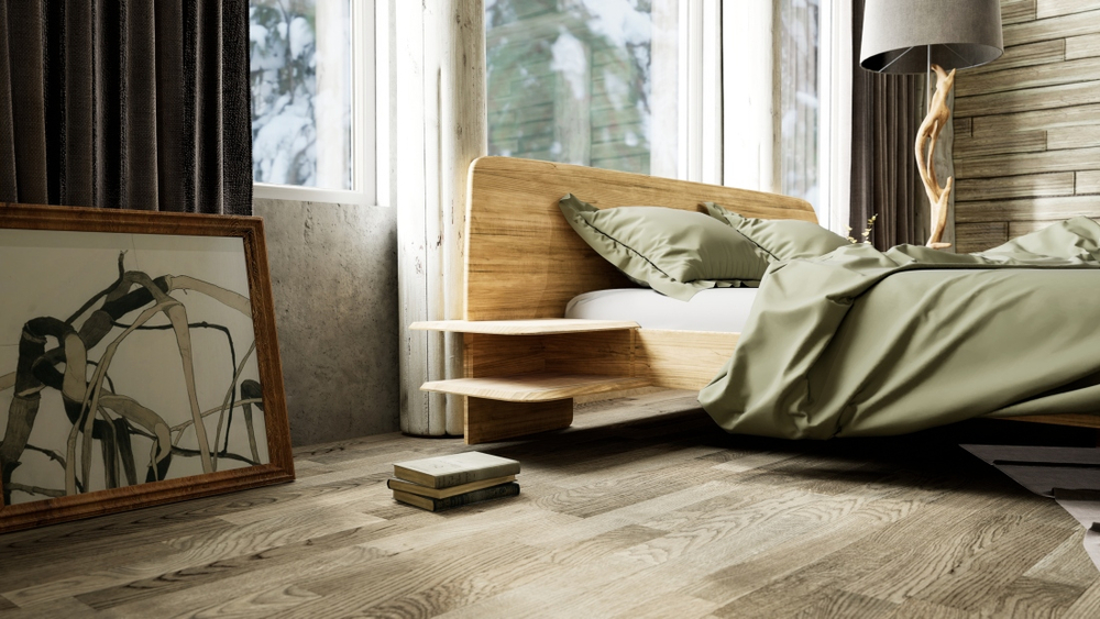 Кровать из массива дуба со встроенными полками Amandi