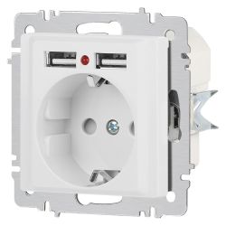 Розетка Intro Accent 6-410-01М , P+E Schuko со шторками, 16А-250В + 2хUSB, IP20, СУ, белый матовый