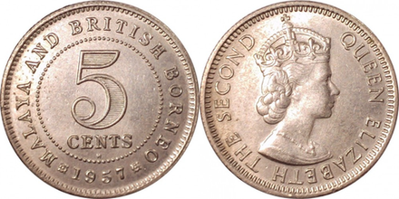 Малайя и Британское Борнео 5 центов, 1953 - 1961 Королева Елизавета II XF