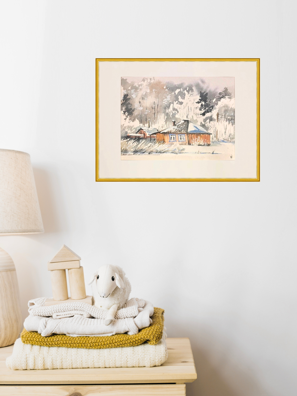 Картина авторская акварельная в паспарту 21*30 см на стену для интерьера "Зима"