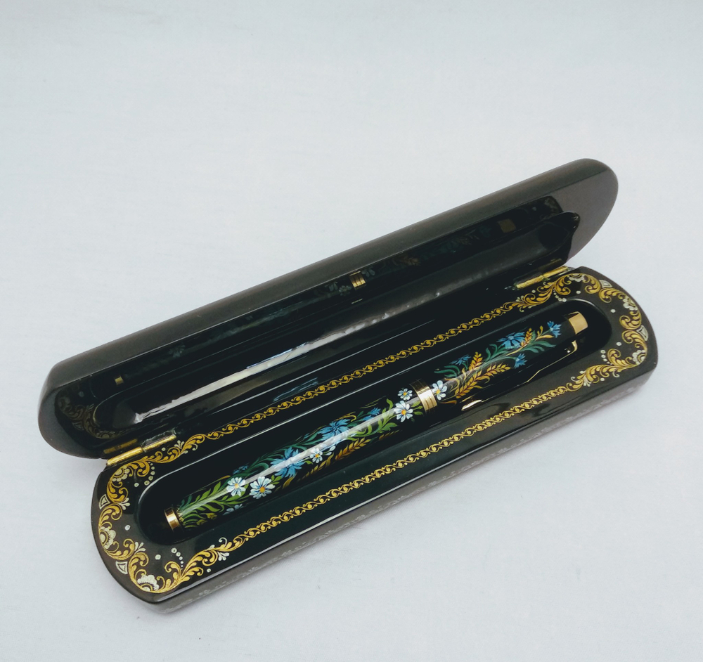Ручка с росписью Палех в шкатулке "Пшеница с васильками"