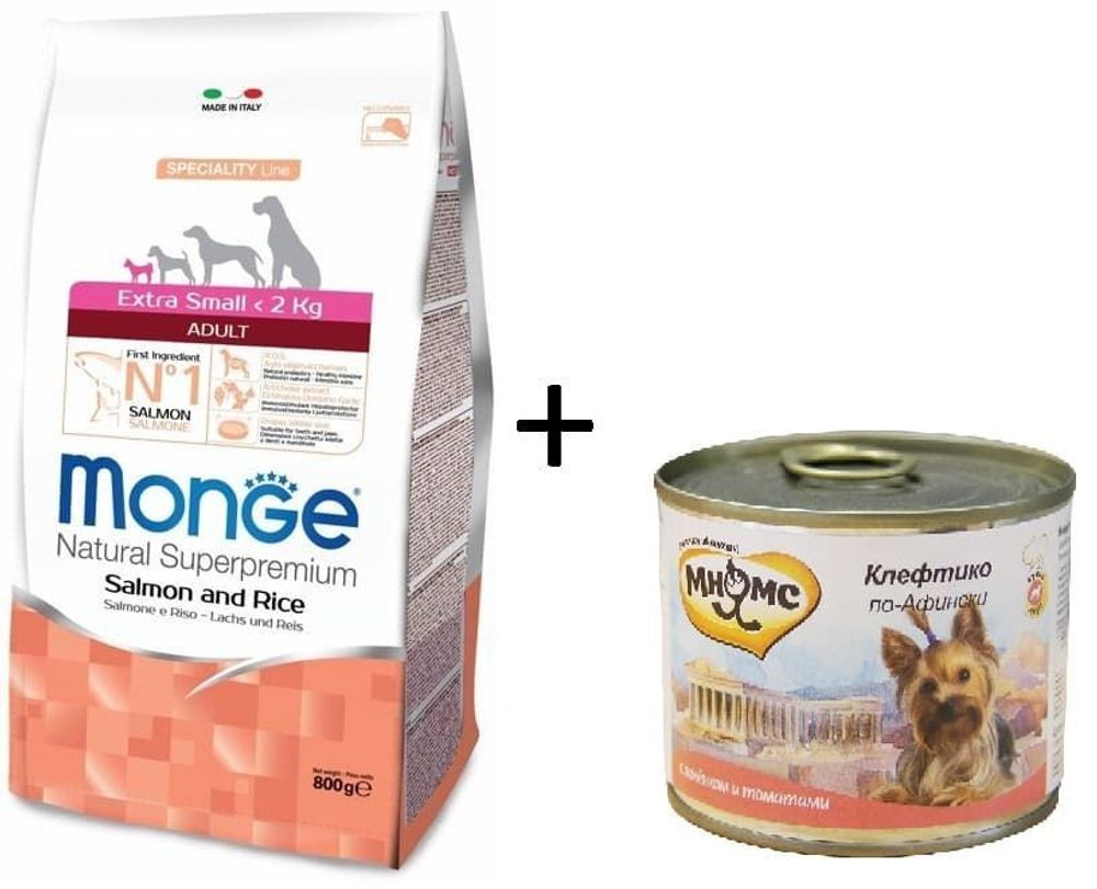 Monge Dog корм для взрослых собак мини пород с ЛОСОСЕМ 800г + Блюда высокой кухни 200г в ПОДАРОК