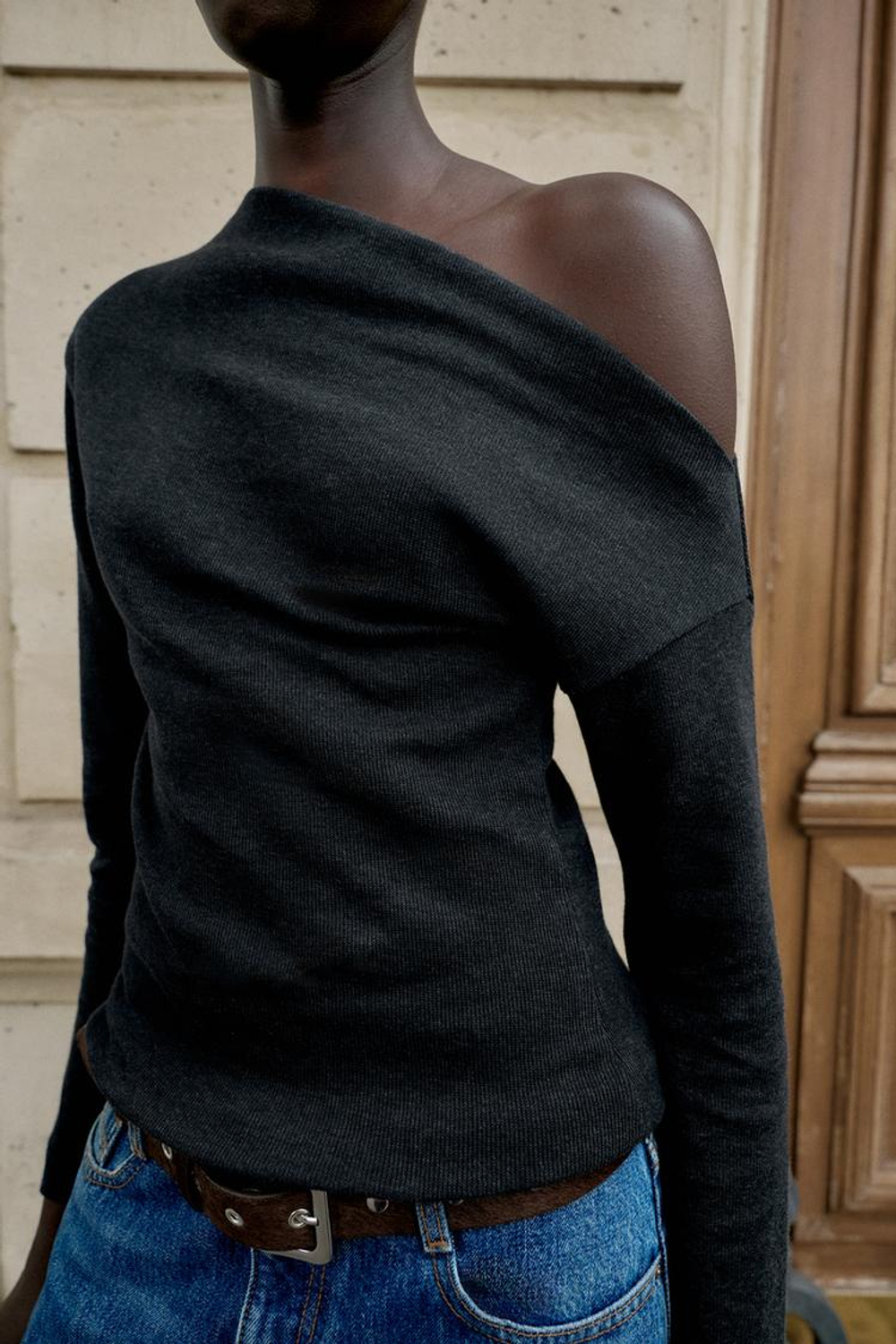 ZARA ТОП АСИММЕТРИЧНОГО КРОЯ ИЗ МЯГКОЙ ТКАНИ, ЧЕРНЫЙ МЕЛАНЖ