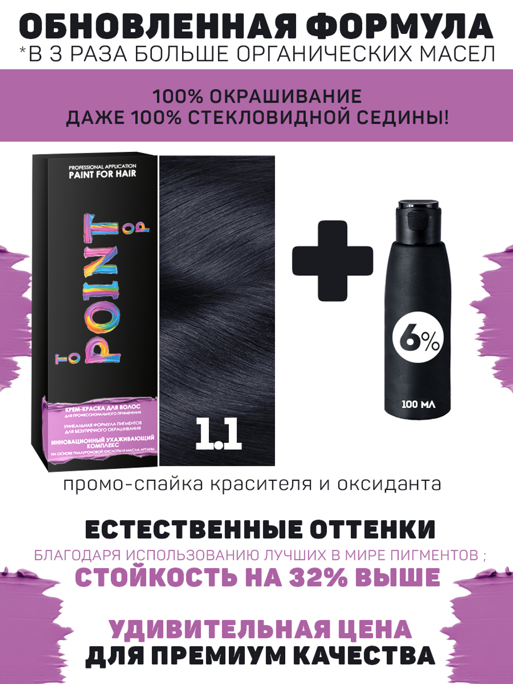 POINT. ПРОМО Краска для волос для проф.прим., тон №1.1, Иссиня-чёрный пепельный + 6% оксид, 100/100мл*