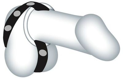 Подхват для мошонки с 3 съемными эрекционными кольцами Leder-Riemen (Цвет: черный с серебристым)