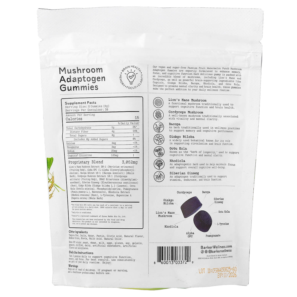 Barker Wellness Co, жевательные грибной адаптоген, со вкусом арбузного пунша, 60 жевательных таблеток