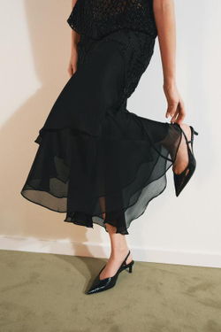 ZARA ЮБКА МИДИ С ВОЛАНАМИ И БУСИНАМИ, ЧЕРНЫЙ