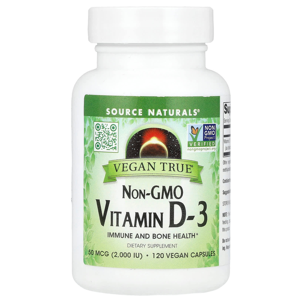Source Naturals, Vegan True®, витамин D3 без ГМО, 50 мкг (2000 МЕ), 120 веганских капсул