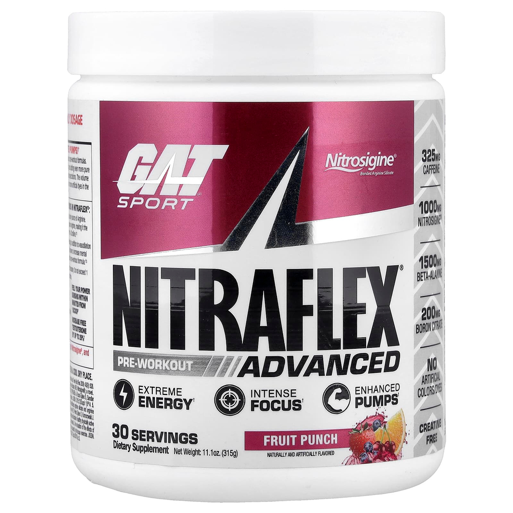 GAT, Sport, NITRAFLEX® Advanced, предтренировочный комплекс, фруктовый пунш, 315 г (11,1 унции)