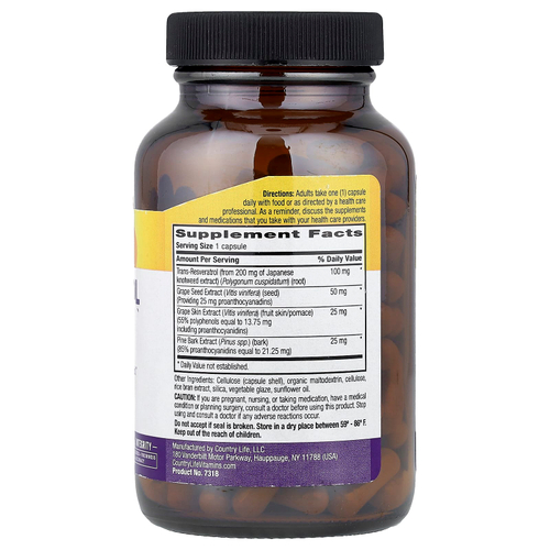 Country Life, Resveratrol Plus, ресвератрол, 120 веганских капсул