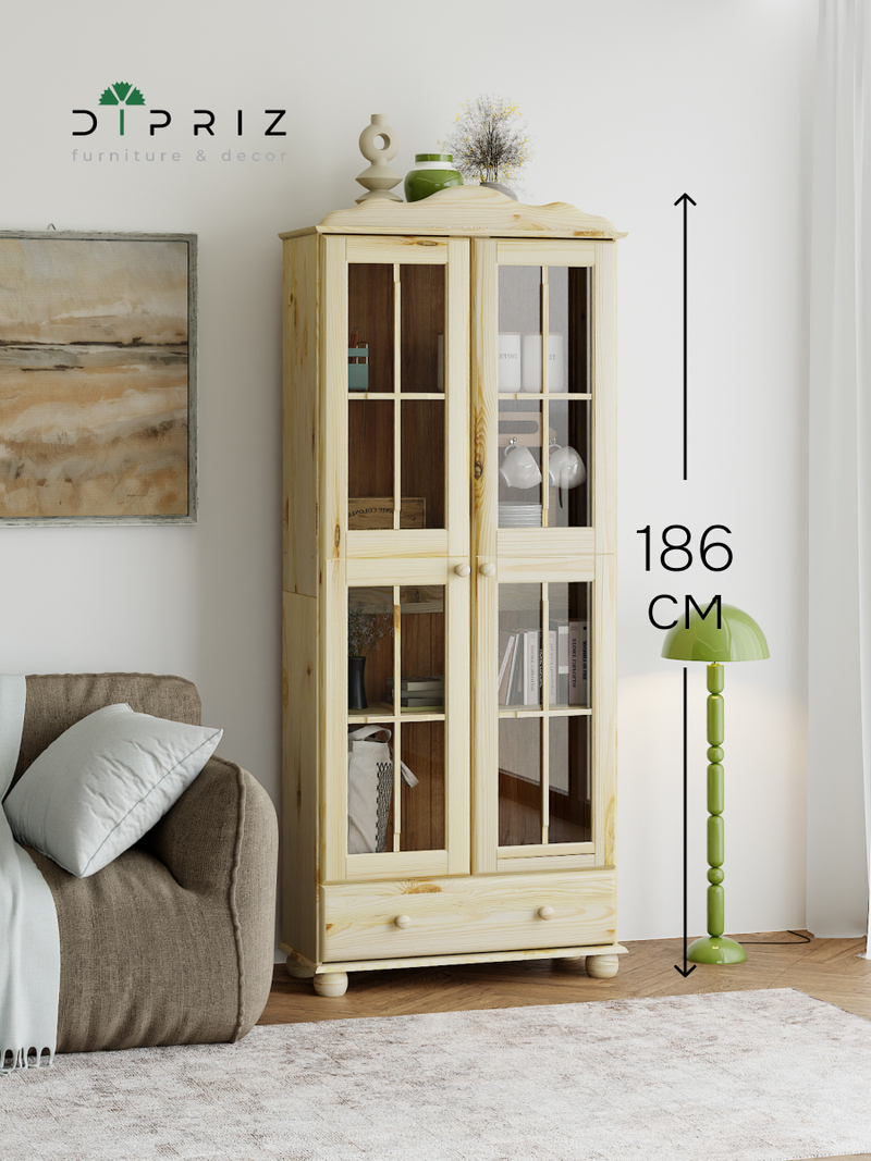 Шкаф витрина 2 двери 1 ящик Бритта из массива сосны, бежевый