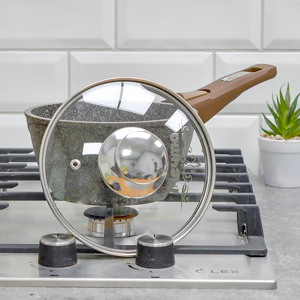 Ковш 1,2л Premium mokko со съемной ручкой и стеклянной крышкой