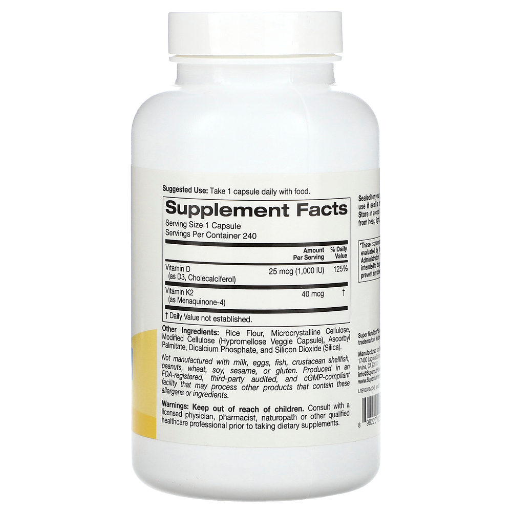Super Nutrition, витамины D3 и К2, 240 растительных капсул