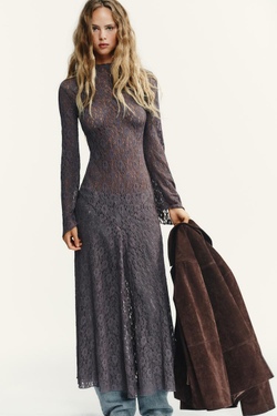 ZARA ПЛАТЬЕ ИЗ МЯГКОГО КРУЖЕВА, ТЕМНО-ЛИЛОВЫЙ