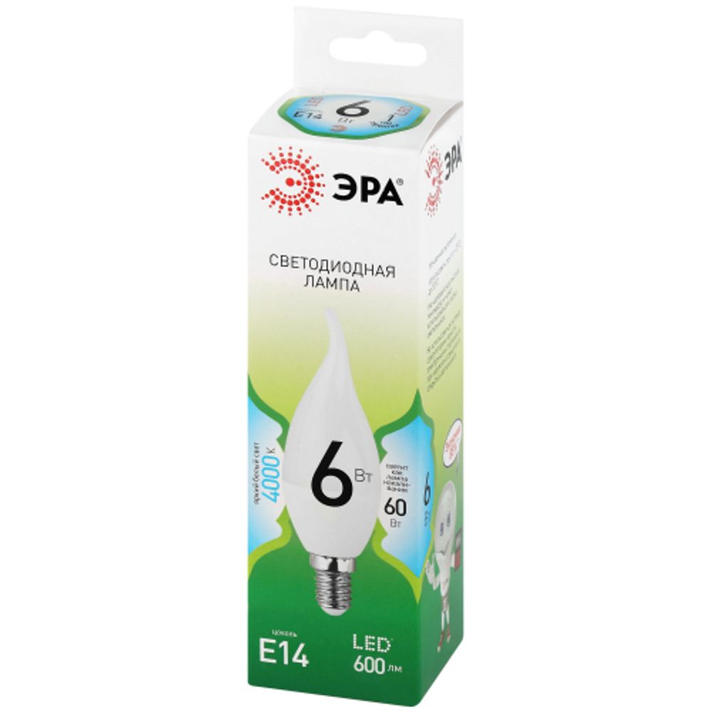 Лампа светодиодная ЭРА GREEN LINE LED BXS-6W-840-E14 GL 6Вт свеча на ветру яркий белый свет E14 | Лампы cветодиодные Свеча (B/C)
