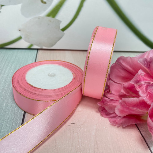 Лента атласная с люрексом 2,5см Розовый/Золото