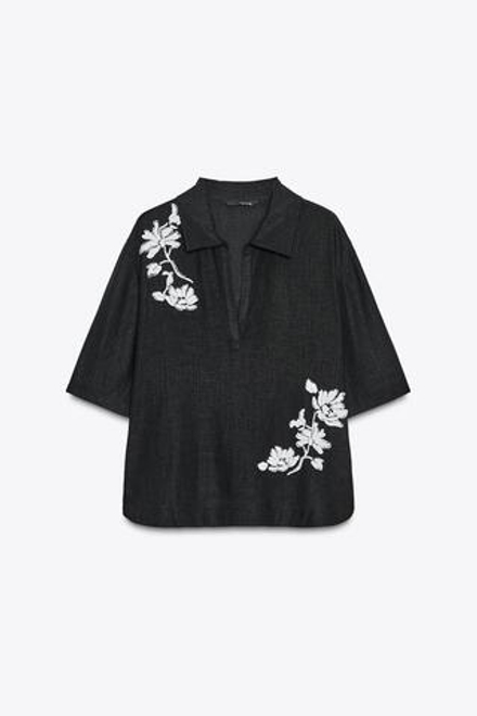ZARA РУБАШКА С ВЫШИВКОЙ И БУСИНАМИ — ZW COLLECTION, ЧЕРНЫЙ/БЕЛЫЙ