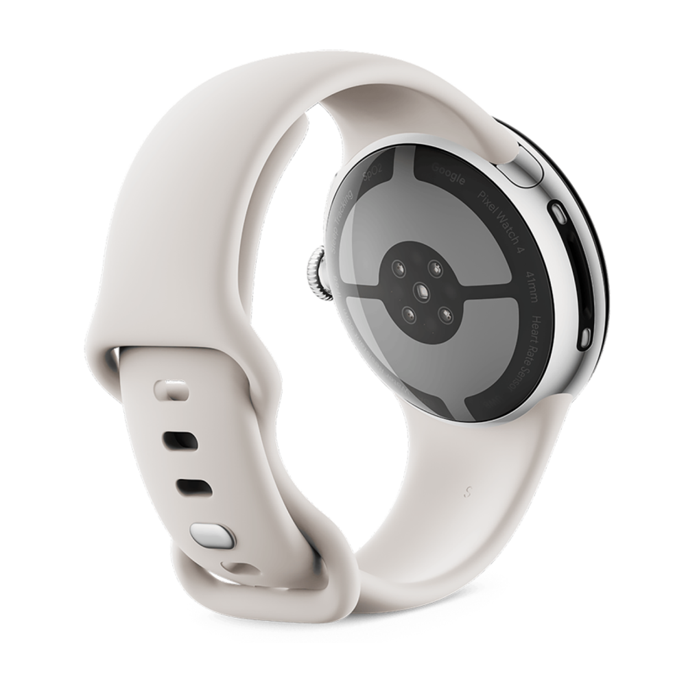 Умные часы Google Pixel Watch 4, 41 мм, Wi-Fi, ремешок фарфорового цвета Полированный серебристый корпус из переработанного алюминия, ремешок из фторэластомера с покрытием «софт-тач» и застёжкой pin-and-tuck — на запястье обхватом 130–210 мм