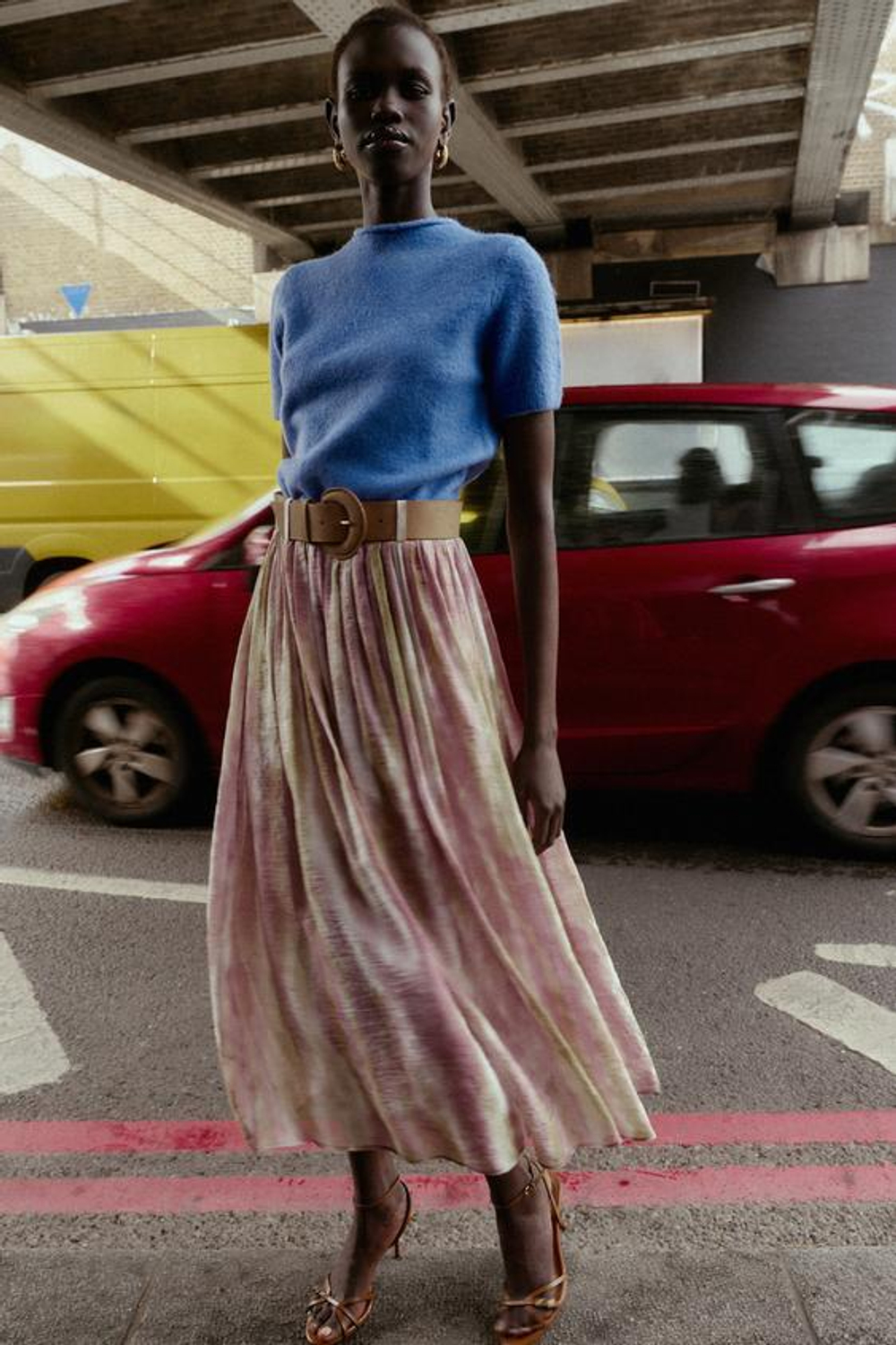 ZARA ЮБКА МИДИ С ПРИНТОМ И РЕМНЕМ, РАЗНОЦВЕТНЫЙ