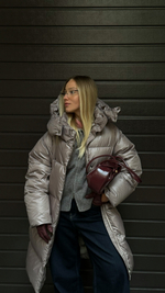 MIDI пуховик с объемным капюшоном, Beige Pink🐨🐨🐨