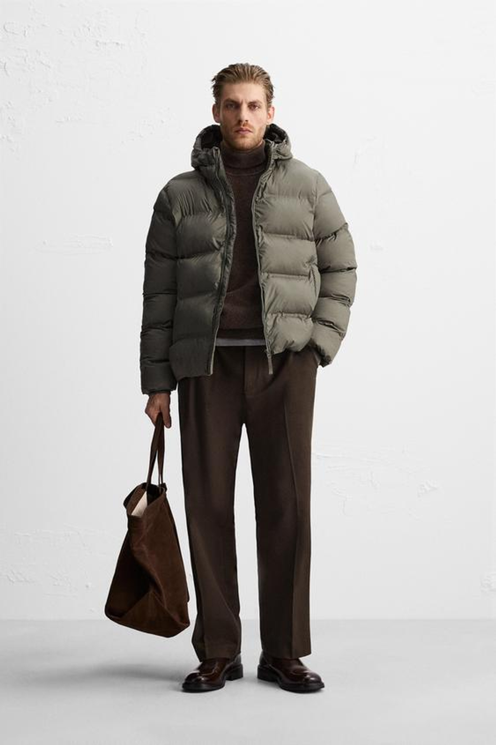 ZARA ПУХОВИК С КАПЮШОНОМ, СВЕТЛЫЙ ХАКИ