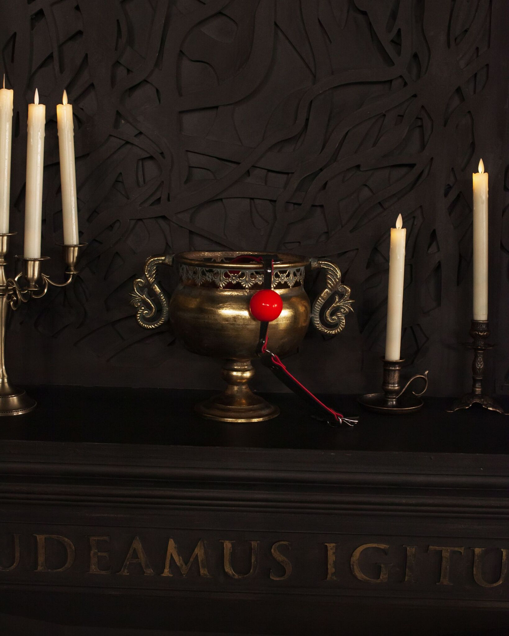 Красный силиконовый кляп-шар Scandal с черным ремешком из натуральной кожи (Цвет: черный)