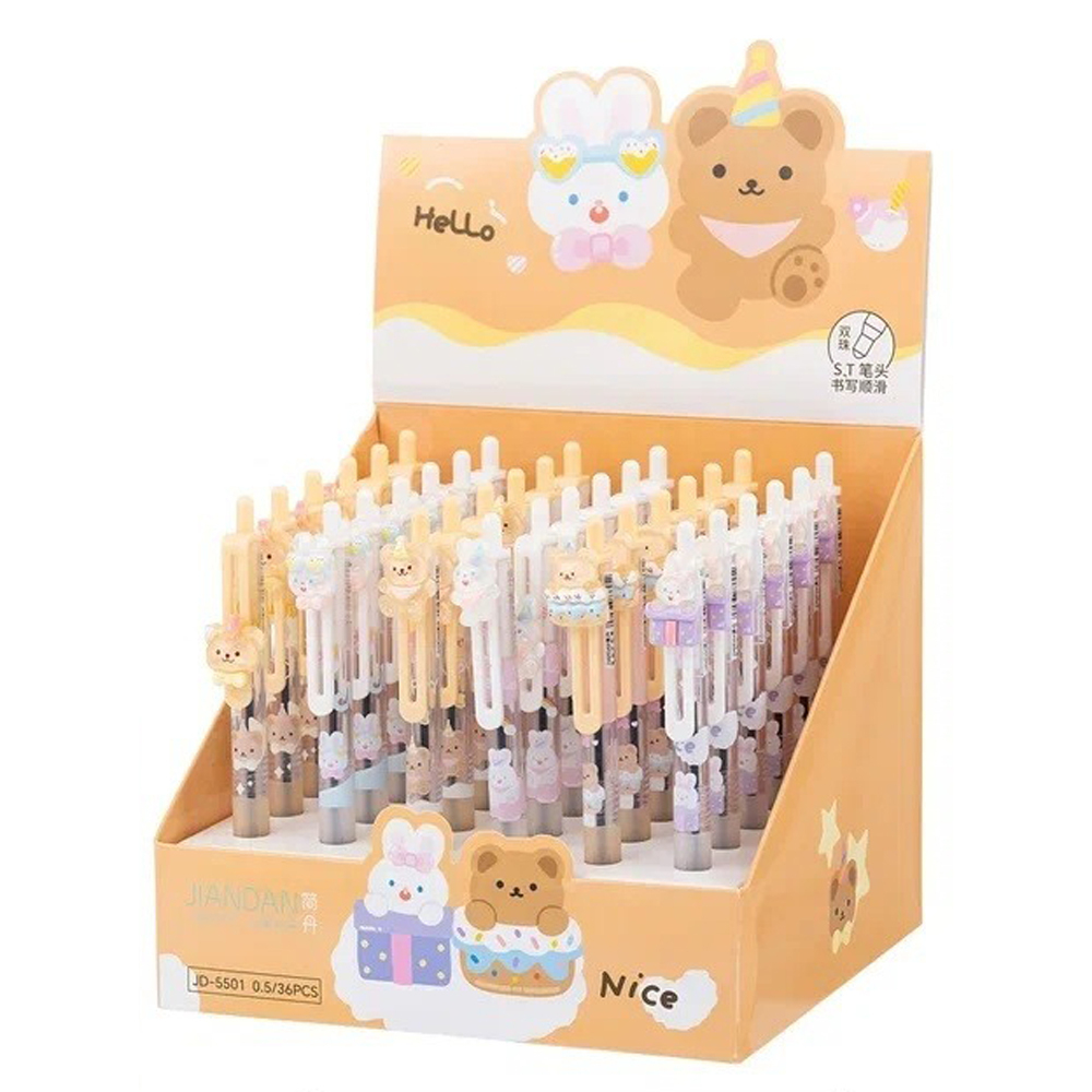 Ручка шариковая, автоматическая, Jiandan, синие чернила, с насадкой, серия "ЗАЙЧИК МИШКА", 36 шт