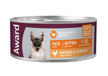 Влажный корм AWARD для котят, паштет из курицы с морковью