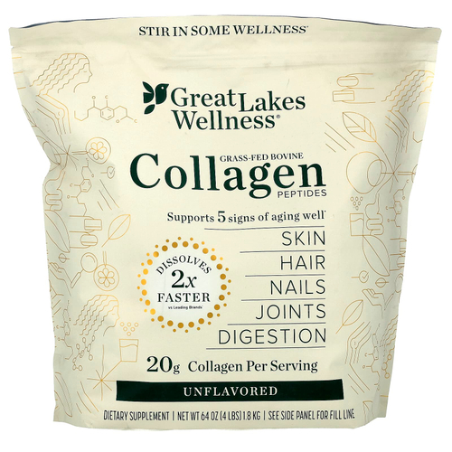 Great Lakes Wellness, Пептиды бычьего коллагена от травяного откорма, без добавок, 1,8 кг (64 унции)