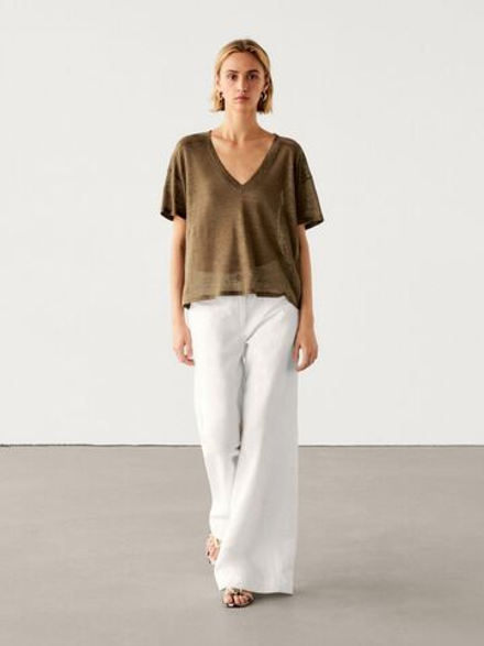Massimo Dutti Футболка из 100% льна с V-образным вырезом, табачный