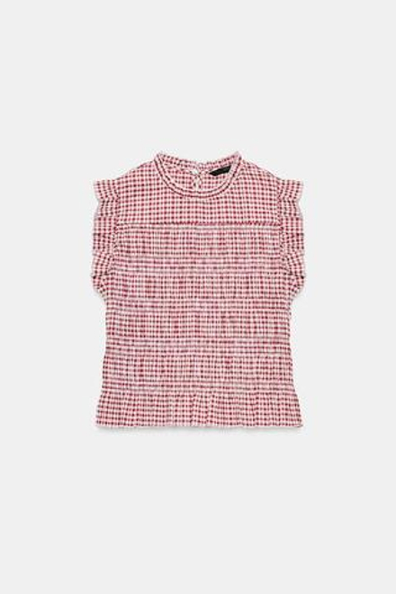 ZARA ТОП В КЛЕТКУ ВИШИ С ЭФФЕКТОМ ЖАТКИ, ЭКРЮ/ГРАНАТОВЫЙ