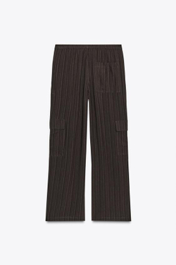 ZARA СТРУЯЩИЕСЯ БРЮКИ КАРГО В ПОЛОСКУ, ТЕМНО-КОРИЧНЕВЫЙ