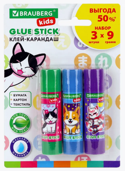 Клей-карандаш 9г. 3шт. в наборе "Anime" блист. (BRAUBERG)
