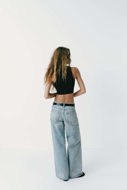 ZARA УКОРОЧЕННЫЙ ТОП В РУБЧИК С ГОРЛОВИНОЙ ХАЛТЕР, ЧЕРНЫЙ